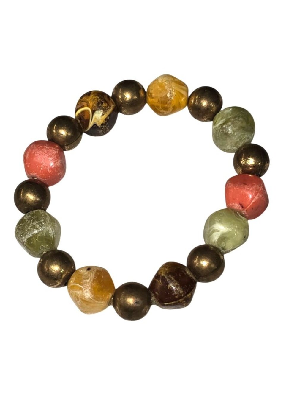 Mixed Stone Nugget Bead Bracelet w/ Antique Gold Spacers Stretch Fit Boho